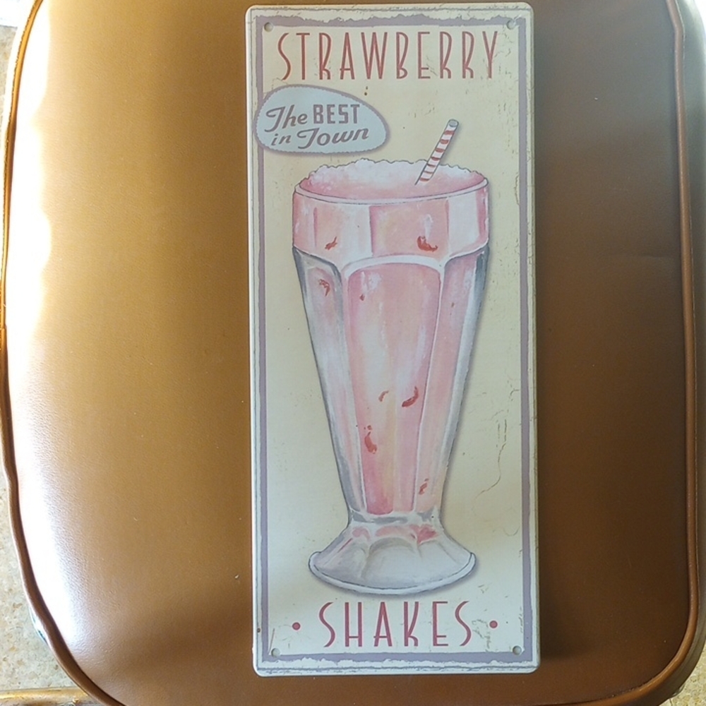 Strawberry Shakes Vintage Distressed Metal Sign. Pink Red Cream White Blue